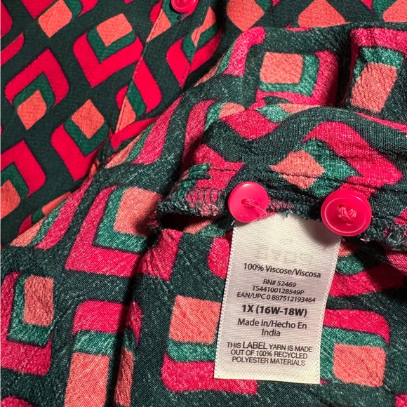 Rose & Teal Geometric Rayon Long Sleeve Shirt Dress With Pockets All Seasons~ 1X - Picture 7 of 10